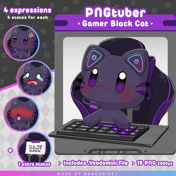 Gamer Black Cat PNGTuber | Cute Black Cat | Twitch Streaming Avatar | Vtuber Assets |Funny PNGtuber| Voice Reactive Images | ReadyToUse |OBS