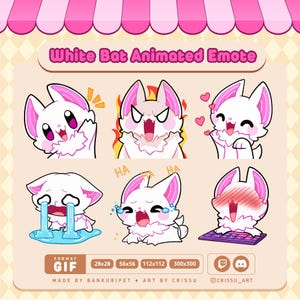 May include: A set of six animated white bat emotes with pink inner ears, displaying various expressions including laughing, crying, and gaming. The text reads White Bat Animated Emote, Format GIF, 28x28, 56x56, 112x112, 300x300, Made by Bankuripet, Art by Crissu, and Crissu Art.
