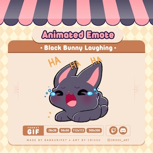 May include: Animated GIF of a black bunny with pink ears laughing and crying. The bunny is in a lying down position with its head tilted back and its mouth open wide. The text "HA" appears above the bunny's head three times.