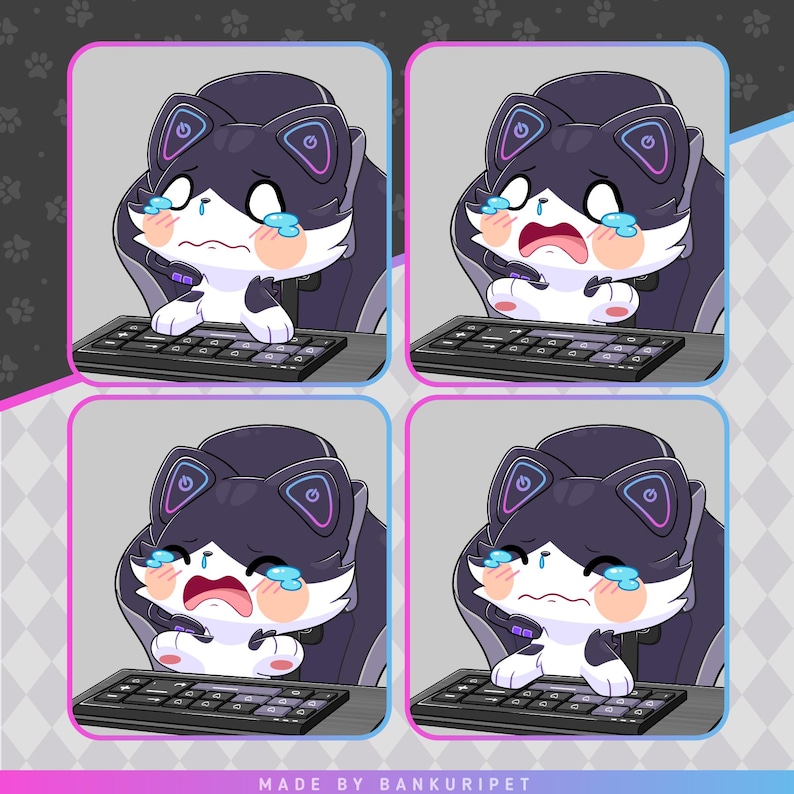 May include: A black and white cat with purple and blue accents is sitting in a gaming chair in front of a keyboard. The cat is crying and has a sad expression on its face. The image is a digital illustration.