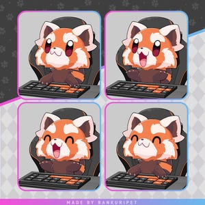 K&ouml;nnte beinhalten: Vier digitale Illustrationen eines Roten Pandas, der auf einem Gaming-Stuhl vor einer Tastatur sitzt. Der Rote Panda l&auml;chelt und hat gro&szlig;e Augen. Der Rote Panda tr&auml;gt ein schwarzes Gaming-Headset. Der Rote Panda befindet sich in vier verschiedenen Posen. Der Text "MADE BY BANKURIPET" befindet sich am unteren Rand des Bildes.