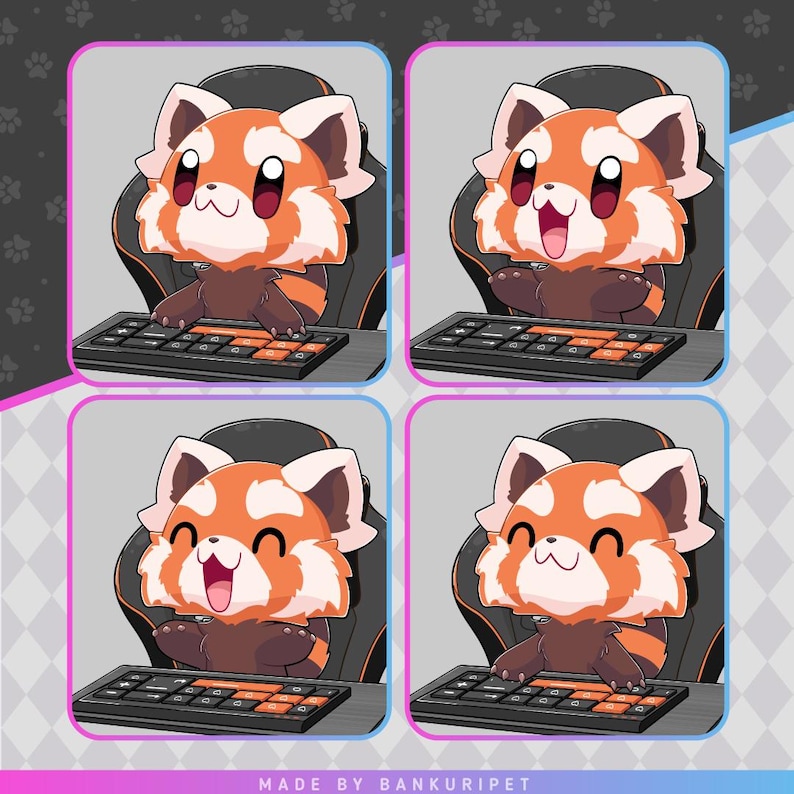 K&ouml;nnte beinhalten: Vier digitale Illustrationen eines Roten Pandas, der auf einem Gaming-Stuhl vor einer Tastatur sitzt. Der Rote Panda l&auml;chelt und hat gro&szlig;e Augen. Der Rote Panda tr&auml;gt ein schwarzes Gaming-Headset. Der Rote Panda befindet sich in vier verschiedenen Posen. Der Text "MADE BY BANKURIPET" befindet sich am unteren Rand des Bildes.