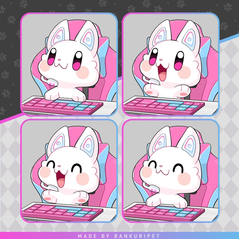 May include: Four square images featuring a white cartoon cat with pink cheeks, a headset, and a pink keyboard. The cat is seated in a pink and blue gaming chair. The images have a pink and blue border. The text "MADE BY BANKURIPET" is at the bottom.