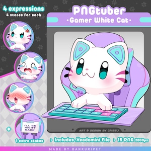 Gamer White Cat PNGTuber | Avatar för streaming av Twitch, Discord och Youtube | Röstreaktiva bilder redo att användas i Veadotube | OBS
