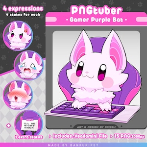 Pode incluir: Um personagem de morcego roxo com pelo rosa e olhos grandes está sentado em uma cadeira de jogo roxa e digitando em um teclado. O personagem é rotulado como "PNGtuber - Gamer Purple Bat".