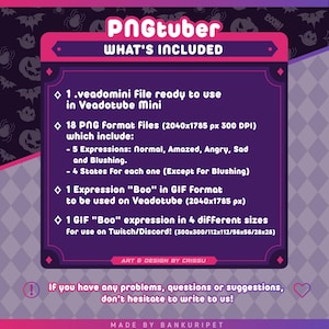 May include: A purple and pink digital asset information card titled PNGtuber WHAT'S INCLUDED. It lists one .veadomini file, 18 PNG files at 2040x1785 px, one Boo GIF expression, and one Boo GIF in four sizes: 300x300, 112x112, 56x56, and 28x28 px.