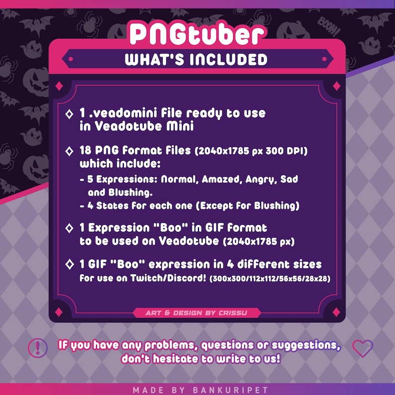 May include: A purple and pink digital asset information card titled PNGtuber WHAT'S INCLUDED. It lists one .veadomini file, 18 PNG files at 2040x1785 px, one Boo GIF expression, and one Boo GIF in four sizes: 300x300, 112x112, 56x56, and 28x28 px.