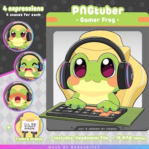 Puede incluir: Una rana verde de dibujos animados con auriculares y una camisa amarilla está sentada frente a un teclado de computadora. La rana sonríe y tiene ojos grandes y rosados. El texto "PnGtuber" y "Gamer Frog" está encima de la rana. El texto "I'll be right back" está en una nota en la parte inferior izquierda de la imagen. El texto "Includes .Veadomini File 15 PNG 2000px" está en la parte inferior derecha de la imagen.