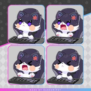 May include: A digital illustration of a black and white cat with purple and red accents sitting in a gaming chair in front of a keyboard. The cat has a variety of expressions, including angry, surprised, and frustrated. The image is titled "MADE BY BANKURIPET".