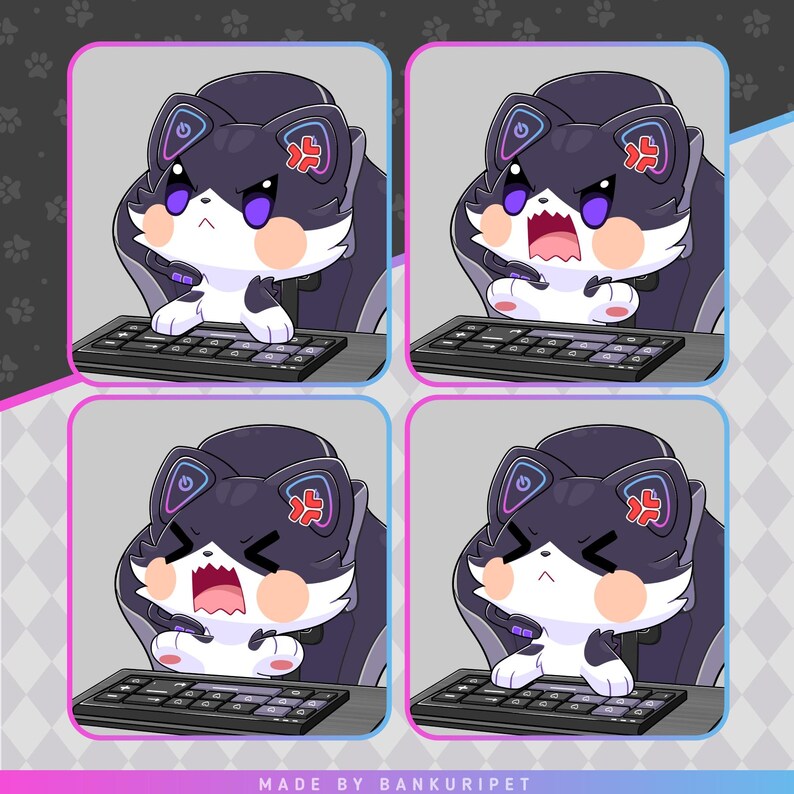 May include: A digital illustration of a black and white cat with purple and red accents sitting in a gaming chair in front of a keyboard. The cat has a variety of expressions, including angry, surprised, and frustrated. The image is titled "MADE BY BANKURIPET".