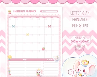 Planificador Mensual Vertical / Calendario / Lista de tareas / Notas / Imprimible / Tamaño A4 y Carta / Goodnotes /Papelería Cute & Kawaii