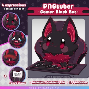 Pode incluir: Um conjunto de personagens digitais com um morcego preto com detalhes vermelhos em frente a um teclado. A imagem inclui o texto PNGtuber Gamer Black Bat, 4 expressions, 4 states for each, 1 extra status e includes .veadomini file 15 PNG 2000px.
