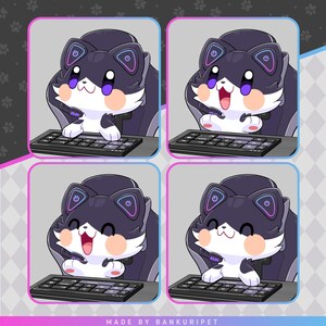 May include: A black and white cartoon cat wearing a headset sits in a gaming chair in front of a keyboard. The cat has a happy expression on its face and is looking at the keyboard. The cat is wearing a purple and blue headset. The background is a light gray with a pattern of paw prints.