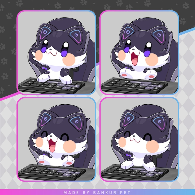 May include: A black and white cartoon cat wearing a headset sits in a gaming chair in front of a keyboard. The cat has a happy expression on its face and is looking at the keyboard. The cat is wearing a purple and blue headset. The background is a light gray with a pattern of paw prints.
