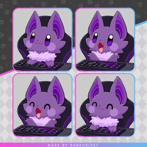 May include: A digital illustration featuring four panels of a purple bat character with large ears and a fluffy white chest, sitting in a gaming chair and typing on a black keyboard with purple accents. The text "MADE BY BANKURIPET" is at the bottom.