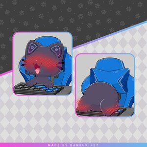 May include: A digital illustration featuring a dark purple cat character with glowing power symbols on its ears, sitting in a blue gaming chair at a keyboard. The cat displays a blushing expression in one frame and rests its head on the keyboard in another.