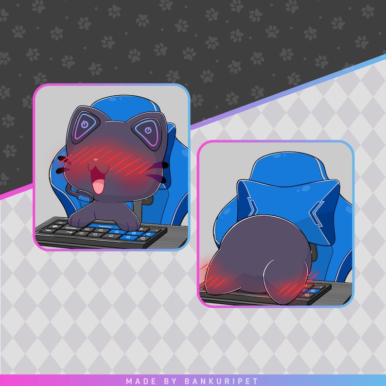 May include: A digital illustration featuring a dark purple cat character with glowing power symbols on its ears, sitting in a blue gaming chair at a keyboard. The cat displays a blushing expression in one frame and rests its head on the keyboard in another.