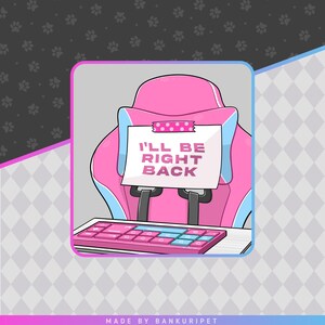 May include: A pink and blue gaming chair with a note that reads "I'LL BE RIGHT BACK" taped to it. A pink keyboard with blue keys sits in front of the chair. The background is a gradient of colors.