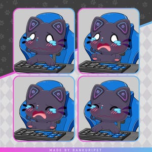 May include: A digital illustration featuring four panels of a dark purple cartoon cat with large eyes and pink cheeks, sitting in a blue gaming chair at a keyboard. The cat displays various crying expressions. The text MADE BY BANKURIPET is at the bottom.