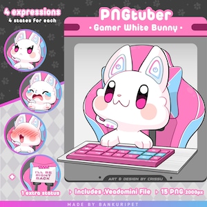 May include: A digital illustration of a white bunny character, labeled "PNGtuber Gamer White Bunny," with pink and blue accents. The bunny is seated in a pink gaming chair, with a pink keyboard. Additional expressions are shown in circles.