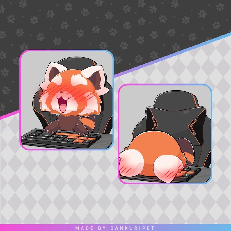 K&ouml;nnte beinhalten: Zwei Illustrationen eines Roten Pandas, der auf einem Gaming-Stuhl sitzt. Das erste Bild zeigt den Roten Panda l&auml;chelnd und auf einer Tastatur tippend. Das zweite Bild zeigt den Roten Panda err&ouml;tend und von der Kamera weg blickend.