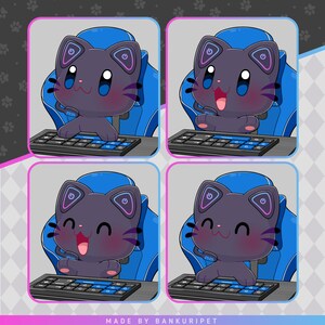 May include: Four illustrations of a dark purple cartoon cat with large blue eyes, wearing a headset with power symbols on the ear cups. The cat sits in a blue gaming chair in front of a black keyboard with blue keys. Text at the bottom reads MADE BY BANKURIPET.