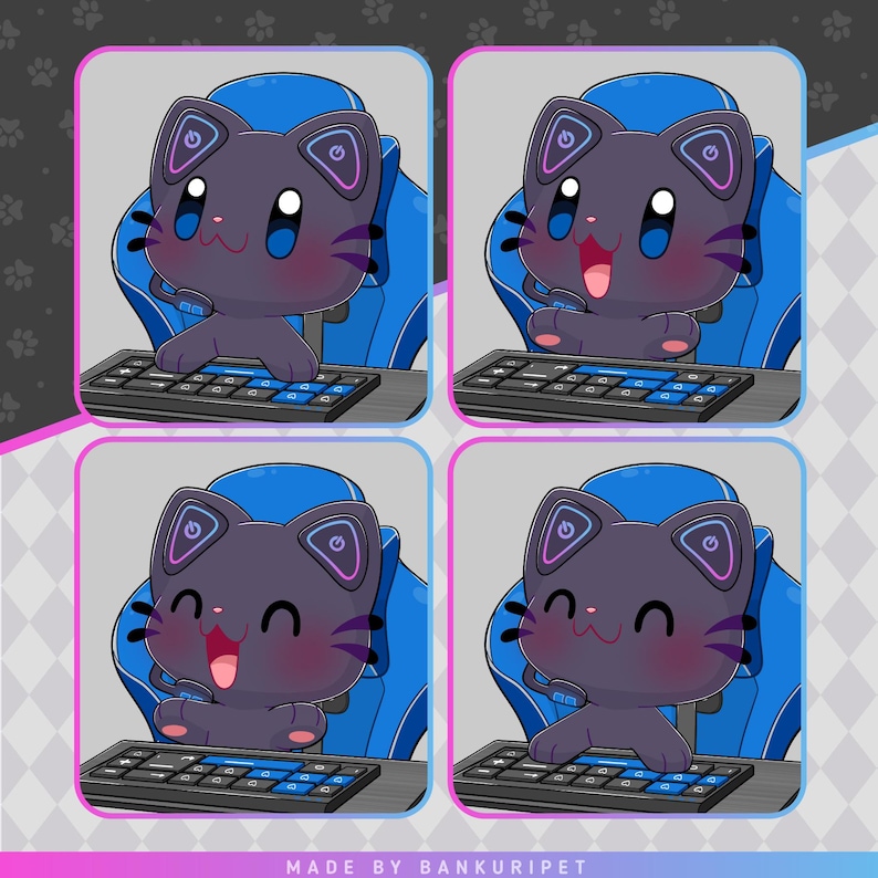 May include: Four illustrations of a dark purple cartoon cat with large blue eyes, wearing a headset with power symbols on the ear cups. The cat sits in a blue gaming chair in front of a black keyboard with blue keys. Text at the bottom reads MADE BY BANKURIPET.