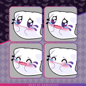 May include: Four square panels featuring a white ghost character with purple markings, large blue eyes, and pink cheeks. The ghost displays various crying expressions with blue teardrops. The text "MADE BY BANKURIPET" appears at the bottom.