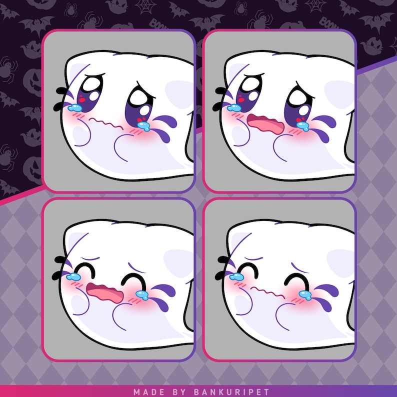 May include: Four square panels featuring a white ghost character with purple markings, large blue eyes, and pink cheeks. The ghost displays various crying expressions with blue teardrops. The text "MADE BY BANKURIPET" appears at the bottom.
