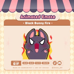 Può includere: GIF animato di un coniglio nero con occhi arrabbiati e bocca aperta, su uno sfondo di fiamme gialle. Il coniglio è in una posa infuocata, con le zampe alzate in aria. Il GIF è disponibile in varie dimensioni, tra cui 28x28, 56x56, 112x112 e 300x300 pixel.