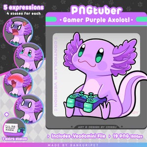 May include: A Gamer Purple Axolotl illustration holding a video game controller. The image includes additional expressions and a status message. The design is by Crissu and includes a Veadomini file with 19 PNG images, 1500px in size.