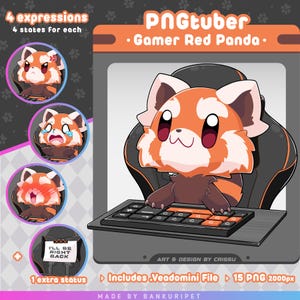 Panda Rojo Gamer PNGTuber / Panda Rojo Lindo / Avatar de Twitch / Recursos de Vtuber / PNGtuber Divertido / Imágenes Reactivas por Voz / Listo para Usar / OBS