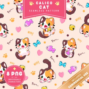 Calico Cat Pattern | Commercial Use | Seamless Pattern | Calico Cat Clipart | Digital Download | Printable | Cute & Kawaii Cats PNG