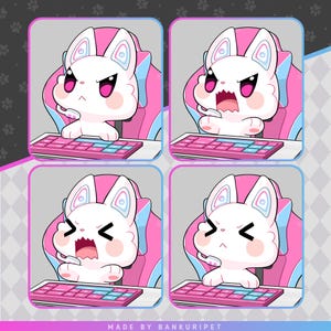 May include: Four square images featuring a white cartoon cat with pink and blue accents, wearing a headset and sitting in a pink gaming chair. The cat is shown with different expressions while using a pink and blue keyboard. The text "MADE BY BANKURIPET" is at the bottom.
