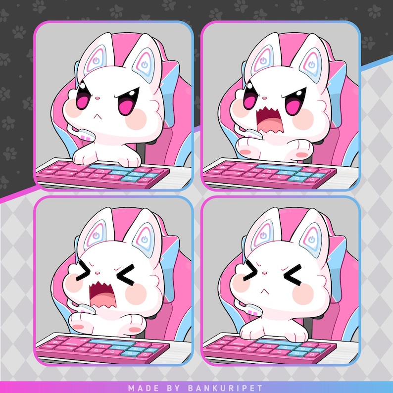May include: Four square images featuring a white cartoon cat with pink and blue accents, wearing a headset and sitting in a pink gaming chair. The cat is shown with different expressions while using a pink and blue keyboard. The text "MADE BY BANKURIPET" is at the bottom.