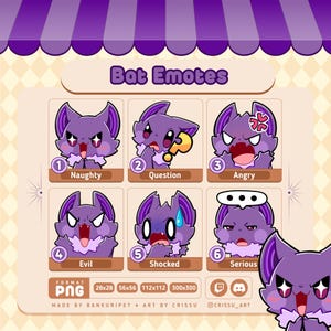 Purple Bat Emotes | 6 Cute Bat Emotes Pack | Funny Bat | Twitch Emotes | Discord Emotes | Kawaii&Chibi | Streaming Kawaii | Cute Emojis