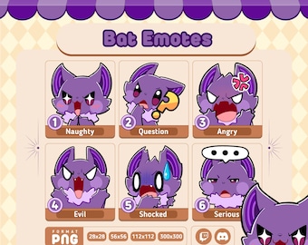 Chibi Purple Bat Funny Emotes | Kawaii Twitch & Discord Pack (Digital Download)