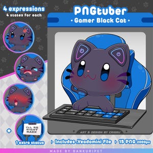Gamer Black Cat pngTuber | Schattige zwarte kat | Twitch-streamingavatar | Vtuber-items | Grappige PNGtuber| Spraakreactieve afbeeldingen | Gebruiksklaar |OBS