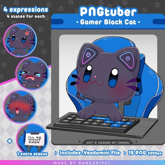 Gamer Black Cat PNGTuber | Cute Black Cat | Twitch Streaming Avatar | Vtuber Assets |Funny PNGtuber| Voice Reactive Images | ReadyToUse |OBS