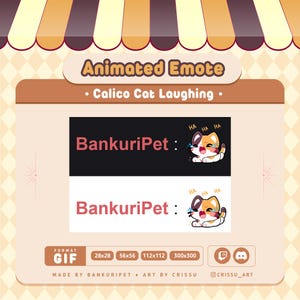 May include: Animated GIF of a calico cat laughing. The cat is wearing a pink headband with a flower and has a tear coming from its eye. The text "BankuriPet" is displayed above and below the cat. The GIF is available in four sizes: 28x28, 56x56, 112x112, and 300x300.