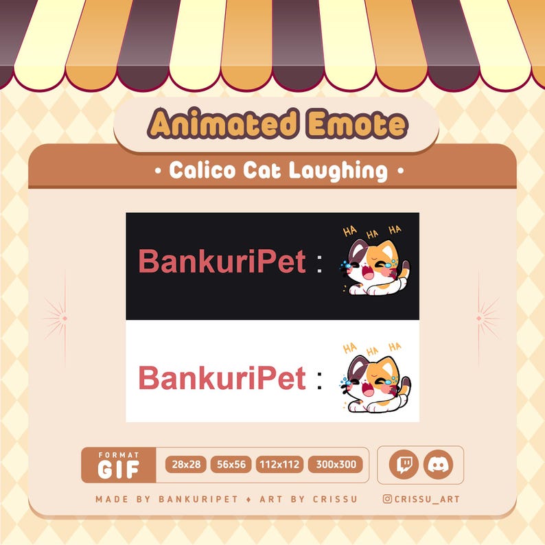 May include: Animated GIF of a calico cat laughing. The cat is wearing a pink headband with a flower and has a tear coming from its eye. The text "BankuriPet" is displayed above and below the cat. The GIF is available in four sizes: 28x28, 56x56, 112x112, and 300x300.