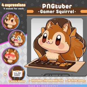 Könnte beinhalten: Cartoon-Illustration eines braunen Eichhörnchens mit großen Augen, das an einer Tastatur sitzt. Das Bild enthält vier verschiedene Ausdrücke des Eichhörnchens und den Text "PNGtuber - Gamer Squirrel." Zusätzlicher Text lautet "I'll be right back."
