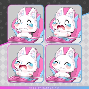 May include: Four panels of a white cartoon cat with pink and blue accents, crying while sitting in a pink gaming chair and using a pink and blue keyboard. The cat has large eyes and is wearing a headset. The text "MADE BY BANKURIPET" is at the bottom.