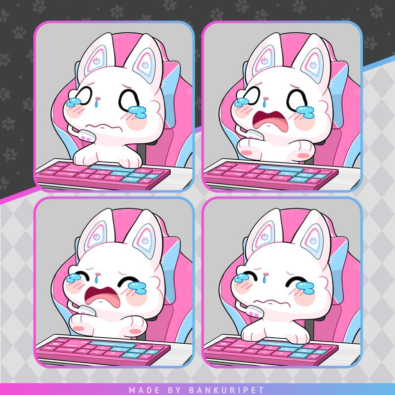 May include: Four panels of a white cartoon cat with pink and blue accents, crying while sitting in a pink gaming chair and using a pink and blue keyboard. The cat has large eyes and is wearing a headset. The text "MADE BY BANKURIPET" is at the bottom.