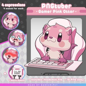 Può includere: Un'illustrazione di una lontra rosa dei cartoni animati, intitolata "PNGtuber Gamer Pink Otter", seduta a una tastiera rosa. L'immagine include quattro espressioni e uno stato extra con la scritta "I'll be right back". Design di Crissu.