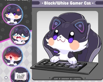 Black White Gamer Cat PNGTuber | Cute Cat | Twitch Streaming Avatar | Vtuber Assets | Funny PNGtuber | Voice Reactive Images |ReadyToUse|OBS