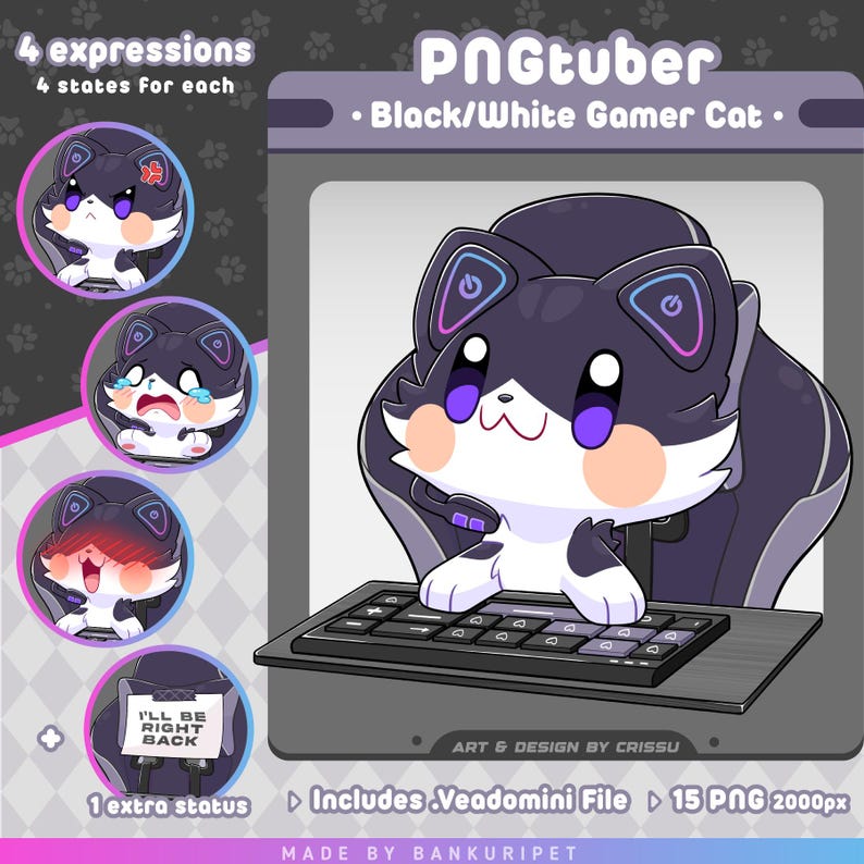 May include: A black and white cartoon cat wearing a headset and sitting in a gaming chair in front of a keyboard. The cat has purple eyes and a pink nose. The text "PNGtuber" and "Black/White Gamer Cat" is at the top of the image. The text "I'll be right back" is at the bottom of the image.