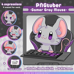 May include: A digital illustration of a gray mouse character, labeled "Gamer Gray Mouse," sitting in a gaming chair and using a keyboard. The image includes various expressions and a "be right back" status. Text reads "PNGtuber" and "Includes Veadomini File 15 PNG 2000px."