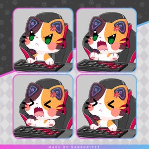 May include: A digital illustration of a cartoon cat wearing a headset and sitting in a gaming chair in front of a keyboard. The cat has orange and white fur and is making a variety of angry expressions. The text "MADE BY BANKURIPET" is at the bottom of the image.