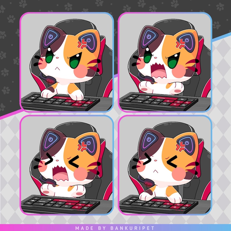 May include: A digital illustration of a cartoon cat wearing a headset and sitting in a gaming chair in front of a keyboard. The cat has orange and white fur and is making a variety of angry expressions. The text "MADE BY BANKURIPET" is at the bottom of the image.